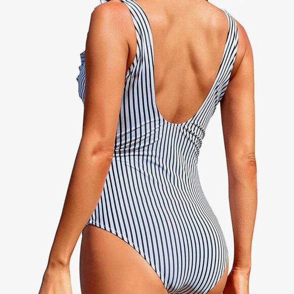 Women Ruffle V Neck One Piece Swimsuits Tummy Control Tie Side Wrap Suit - Picture 2 of 4